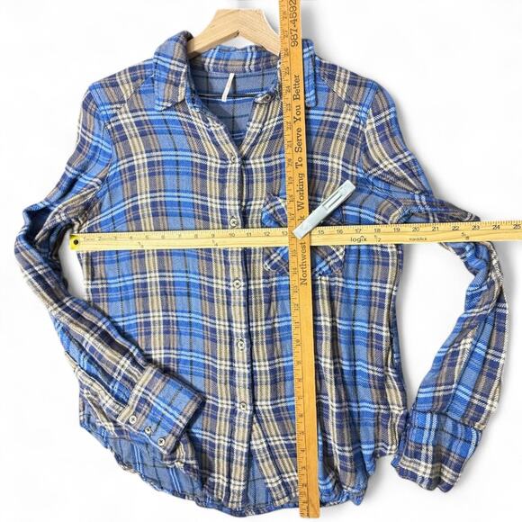 Free People Joplin Plaid Flannel Button Up Shirt Womens S Rayon Boho Grunge Blue - Picture 7 of 10
